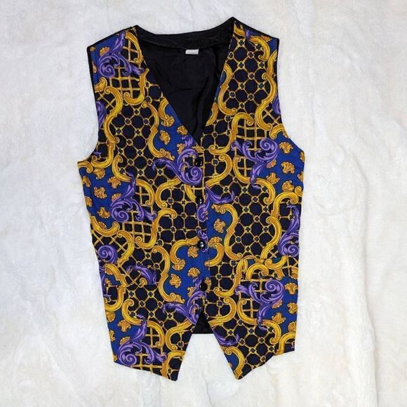 Vintage Damask Tapestry Sleeveless Button-Front Vest  Women's Large Purple and G - Picture 3 of 7